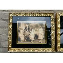 Brocante antiek foto familieportret in gouden houten lijst v