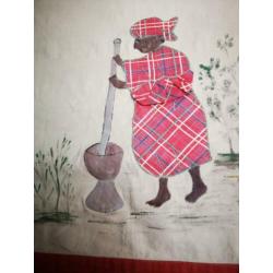 Uniek oud Surinaams wandkleed handbeschilderd en geborduurd