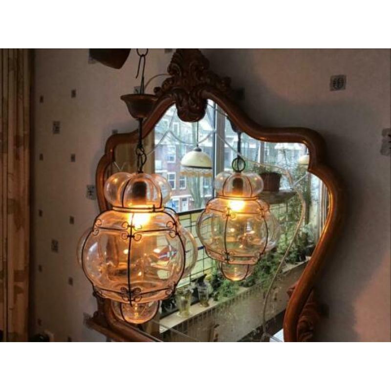 Venetiaanse hanglamp van helder glas geblazen in frame