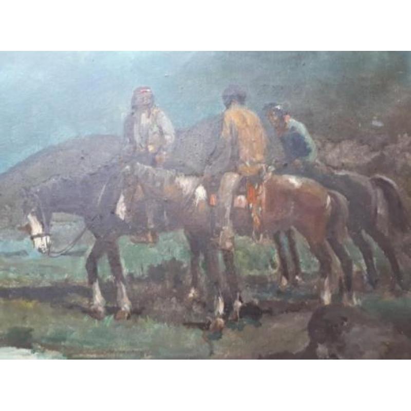 Jaren 50 60 olieverf schilderij western Indianen op paarden
